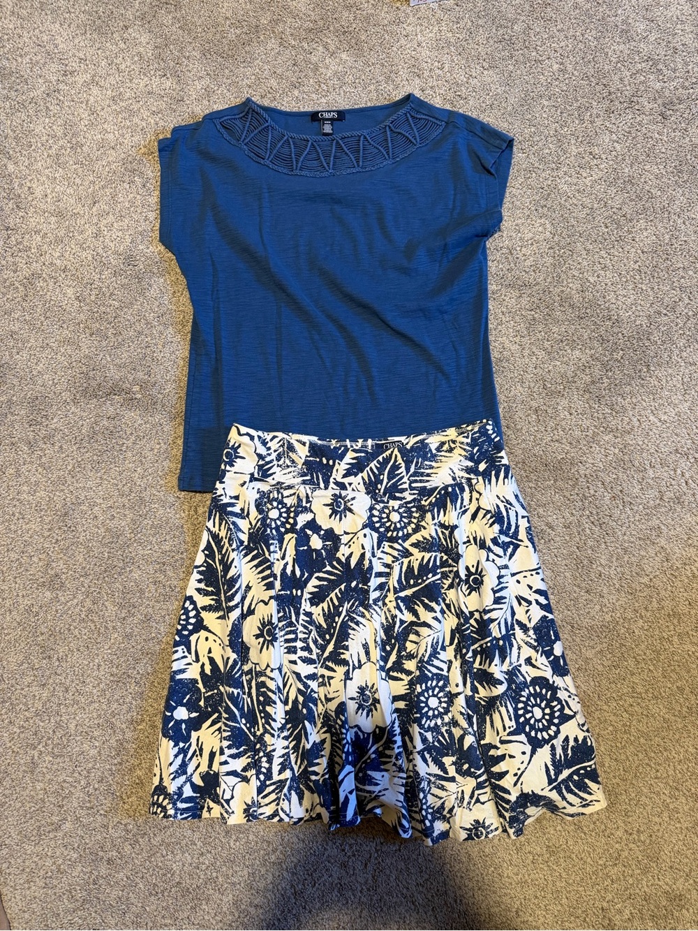 Chaps Navy Blue Top with White & Navy Floral Skirt Set